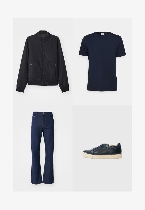 Marineblå jakke lavet af blødt materiale, med høj krave, frontlukning med knapper, to brystlommer og ribbede kanter og manchetter.; Marineblå crew-neck t-shirt lavet af blødt stof. Korte ærmer med en klassisk pasform, der har et mærke ved halsen. Glat tekstur, minimalistisk design.; Flarvede mørkeblå jeans lavet af denim. Har fem lommer, en front lynlås og en metalknaplukning. Klassiske syninger som detaljer.; Mørkeblå lædersneakers med cremegummisål, udstyret med blå snørebånd og en glat tekstur. Rundet tå og minimalistisk design.