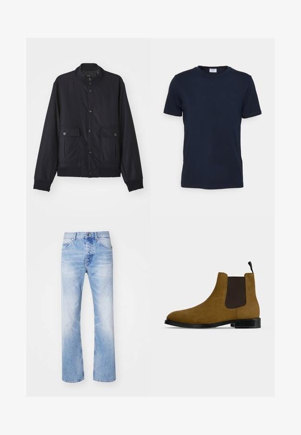 Marineblå jakke lavet af blødt materiale, med høj krave, frontlukning med knapper, to brystlommer og ribbede kanter og manchetter.; Marineblå crew-neck t-shirt lavet af blødt stof. Korte ærmer med en klassisk pasform, der har et mærke ved halsen. Glat tekstur, minimalistisk design.; Lyseblå denim jeans med et lige ben-design, der har en klassisk fem-lommer stil og et subtilt falmet mønster.; Brun ruskind Chelsea-støvle med sort elastisk sidepanel, sort sål og trækflig på en lys grå baggrund.