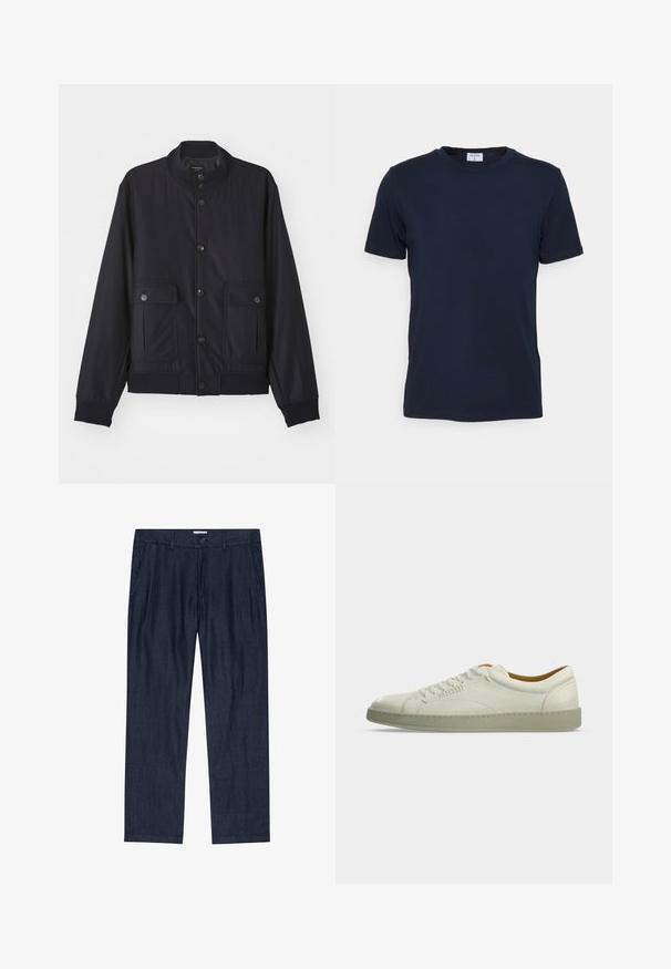 Marineblå jakke lavet af blødt materiale, med høj krave, frontlukning med knapper, to brystlommer og ribbede kanter og manchetter.; Marineblå crew-neck t-shirt lavet af blødt stof. Korte ærmer med en klassisk pasform, der har et mærke ved halsen. Glat tekstur, minimalistisk design.; Mørkeblå, lige ben bukser med forlommer, bæltestropper og knaplukning ved taljen.; Hvid lavtop lædersneaker med beige sål, sidelacing og minimale syningsdetaljer, vist på en ensartet lys grå baggrund.