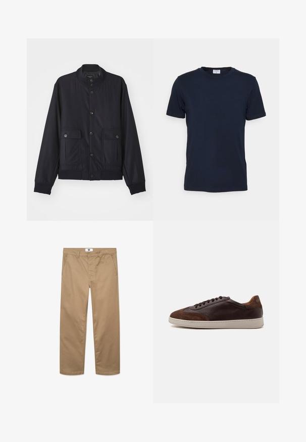 Marineblå jakke lavet af blødt materiale, med høj krave, frontlukning med knapper, to brystlommer og ribbede kanter og manchetter.; Marineblå crew-neck t-shirt lavet af blødt stof. Korte ærmer med en klassisk pasform, der har et mærke ved halsen. Glat tekstur, minimalistisk design.; Kakhifarvede bomuldsbukser med lige ben, der har en enkelt knaplukning, bæltestropper og to sidelommer. Glat tekstur.; Lavtop brune læder- og ruskindsneakers med mørkebrune snørebånd og en hvid gummisål set fra ydersiden.