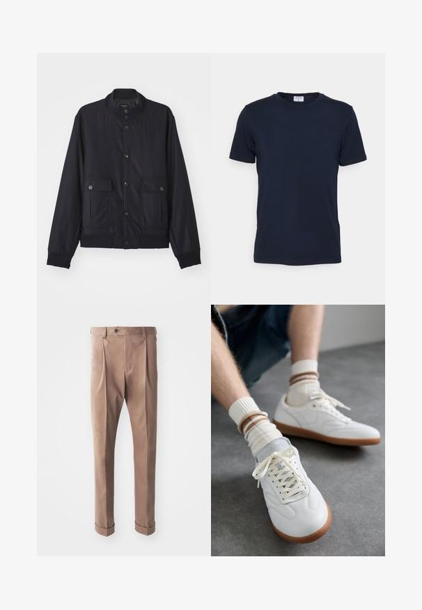 Chaqueta azul marino hecha de material suave, con un cuello alto, cierre frontal de botones, dos bolsillos en el pecho y dobladillos y puños acanalados.; Camiseta de cuello redondo en azul marino, fabricada con tejido suave. Tiene mangas cortas y un corte clásico, con una etiqueta en el cuello. Textura lisa y diseño minimalista.; Pantalones caqui hechos de tela texturizada, con una cintura alta, pliegues y puños enrollados, y un cierre de botón en la cintura.; Zapatillas de cuero blanco con una textura suave, detalles en gamuza gris, suelas de goma beige y cordones planos. Combinadas con calcetines a rayas en tonos crema y marrón.