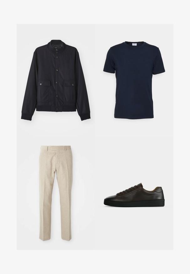 Navy blue jas van zacht materiaal, met een hoge kraag, voor een knoopsluiting, twee borstzakken en een geribde zoom en manchetten.; Marineblauwe crewneck t-shirt gemaakt van zachte stof. Korte mouwen met een klassieke pasvorm, met een label aan de hals. Soepele textuur, minimale uitstraling.; Beige op maat gemaakte broeken van gestructureerde stof, met een vlakke voorkant, rechte pijpen en een traditionele tailleband met riemlussen.; Low-profile donkerbruine leren sneaker met zwarte rubberen zool, veters aan de voorkant en een strak minimalistisch design op een lichte achtergrond.