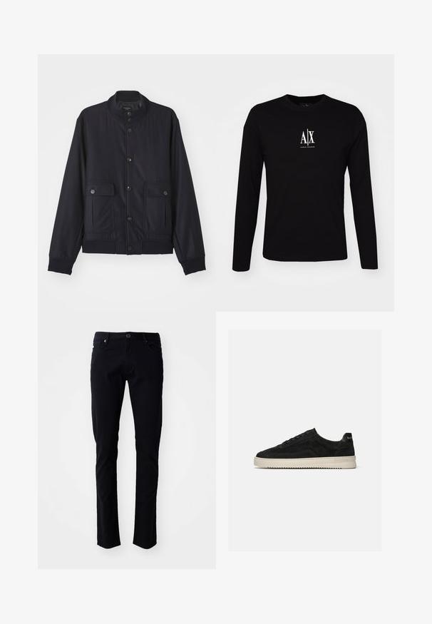 Navy blue jas van zacht materiaal, met een hoge kraag, voor een knoopsluiting, twee borstzakken en een geribde zoom en manchetten.; Zwarte langslavende T-shirt van katoen met een ronde hals. Heeft een wit logo "A|X" gecentreerd op de borst. Eenvoudig ontwerp, minimale accenten.; Zwarte katoen broek met een slim fit, voorzien van een knoopsluiting, riemlussen, voorzakken en een gladde textuur.; Zwarte suède lage sneaker met zwarte veters en witte rubberen zool, zijaanzicht op een effen lichtgrijze achtergrond.