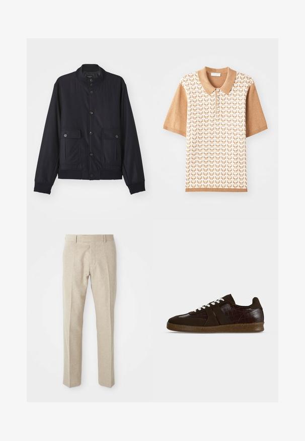 Chaqueta azul marino hecha de material suave, con un cuello alto, cierre frontal de botones, dos bolsillos en el pecho y dobladillos y puños acanalados.; Polo de manga corta con un patrón texturizado beige, cuello y puños en marrón claro, con tres botones y diseños geométricos.; Pantalones beige ajustados hechos de una tela texturizada, con un frente plano, piernas rectas y una cintura tradicional con pasadores para cinturón.; Zapatilla baja marrón con cordones blancos, patrón texturizado de cocodrilo en los paneles laterales y una suela de goma translúcida.