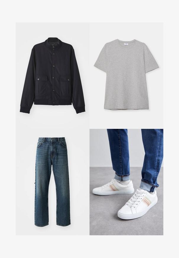 Navy blue jas van zacht materiaal, met een hoge kraag, voor een knoopsluiting, twee borstzakken en een geribde zoom en manchetten.; Grijze T-shirt met korte mouwen, gemaakt van zacht, textuurstof. Heeft een klassieke ronde hals en een rechte zoom, geschikt voor casual dragen.; NN.07 OTIS - Straight leg jeans - stonewashed; Witte leren sneakers met meerkleurige strepen, vetersluiting, rubberen zool en gevoerd kraagje, gecombineerd met blauwe spijkerbroek.