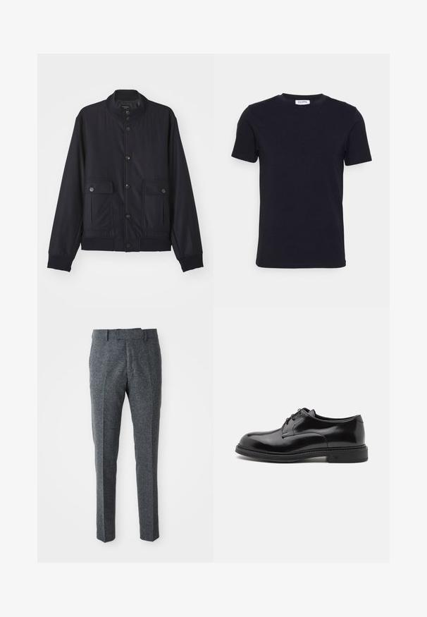 Veste bleu marine en matériau doux, dotée d'un col haut, d'une fermeture à boutons sur le devant, de deux poches poitrine et d'un ourlet et de poignets côtelés.; T-shirt noir à manches courtes avec un col ras-du-cou, muni d'une petite étiquette blanche à l'intérieur du col.; Pantalons en laine gris avec une coupe slim, un devant plat et deux poches latérales. Ils ont une texture lisse et un motif de tissage subtil.; Chaussure habillée en cuir noir avec une finition lisse, bout rond et lacets. Présente une épaisse semelle noire et un détail de couture subtil le long du bord.