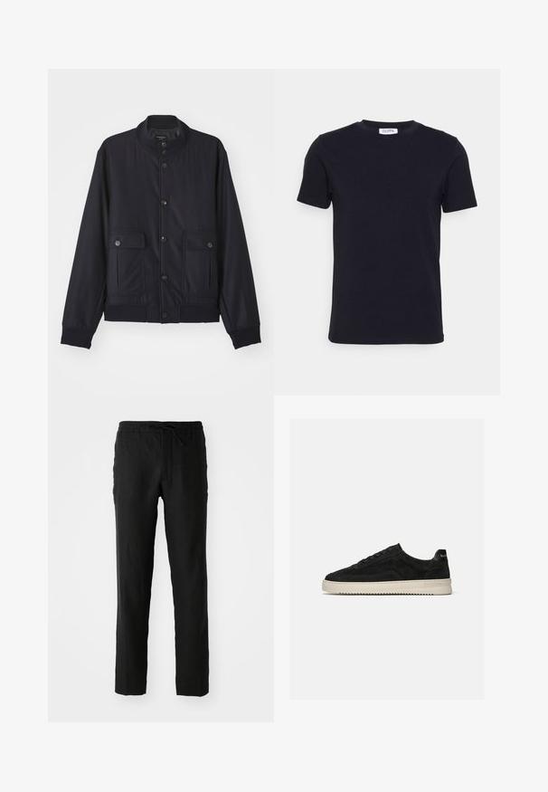 Veste bleu marine en matériau doux, dotée d'un col haut, d'une fermeture à boutons sur le devant, de deux poches poitrine et d'un ourlet et de poignets côtelés.; T-shirt noir à manches courtes avec un col ras-du-cou, muni d'une petite étiquette blanche à l'intérieur du col.; Pantalons en lin noirs avec taille élastique et cordon de serrage. Conception à jambe droite et texture lisse. Convient pour un usage décontracté.; Baskets basses en daim noir avec lacets noirs et semelle blanche en caoutchouc, vue latérale sur fond gris clair uni.
