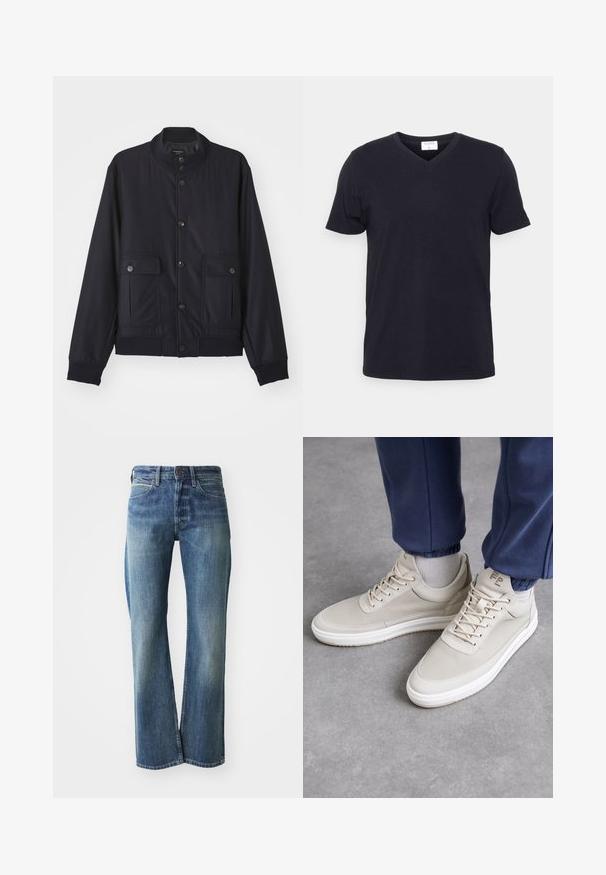 Veste bleu marine en matériau doux, dotée d'un col haut, d'une fermeture à boutons sur le devant, de deux poches poitrine et d'un ourlet et de poignets côtelés.; T-shirt noir à col en V en coton, doté de manches courtes et d'une coupe décontractée. Design simple, sans motifs ni accents supplémentaires.; Jeans en denim de couleur bleu clair à moyen, coupe droite, design classique à cinq poches et décoloration subtile à l'avant.; Baskets beiges en matériau texturé, à bout rond, avec des lacets et un design minimaliste. Semelle blanche avec des détails beige clair. Porté avec un jogging bleu marine.