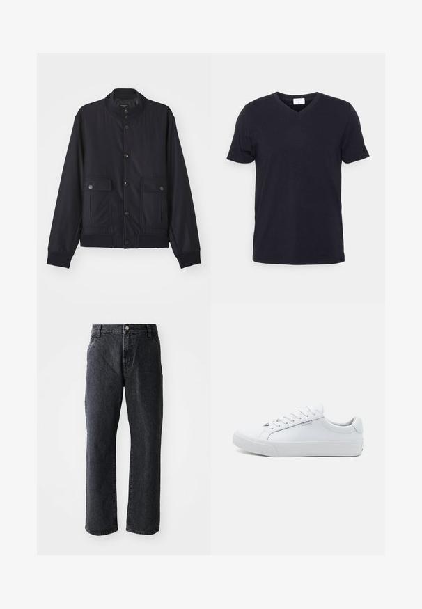 Navy blue jas van zacht materiaal, met een hoge kraag, voor een knoopsluiting, twee borstzakken en een geribde zoom en manchetten.; Zwarte v-hals t-shirt van katoen, met korte mouwen en een ontspannen pasvorm. Eenvoudig ontwerp, geen patronen of extra accenten.; Zwarte denim jeans met een rechte pijp, voorzien van een knoopsluiting, vijf zakken en een subtiele textuur. Klassiek ontwerp zonder opvallende patronen.; Witte leren sneakers met een gladde afwerking, laagmodel ontwerp, ronde neus en platte rubberen zool. Voorzien van platte veters en minimale merkpresentatie.