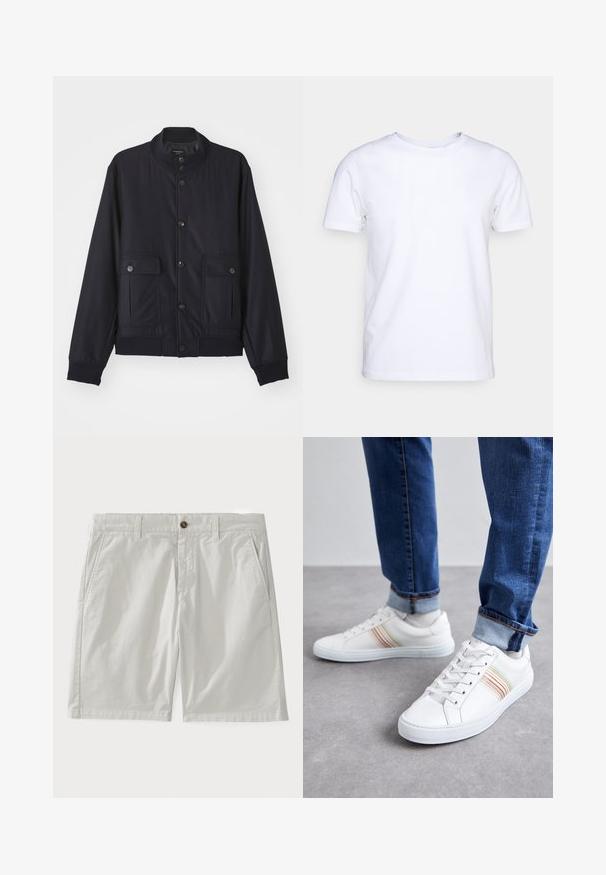 Veste bleu marine en matériau doux, dotée d'un col haut, d'une fermeture à boutons sur le devant, de deux poches poitrine et d'un ourlet et de poignets côtelés.; T-shirt blanc à manches courtes en tissu de coton avec un col rond. Design simple sans motifs ni accents. Texture lisse.; Shorts en coton blanc avec fermeture à bouton, passants de ceinture et poches latérales. Le tissu a l'air lisse avec un design classique et soigné.; Baskets en cuir blanc avec des rayures multicolores, design à lacets, semelle en caoutchouc et col rembourré, associées à un jean en denim bleu.