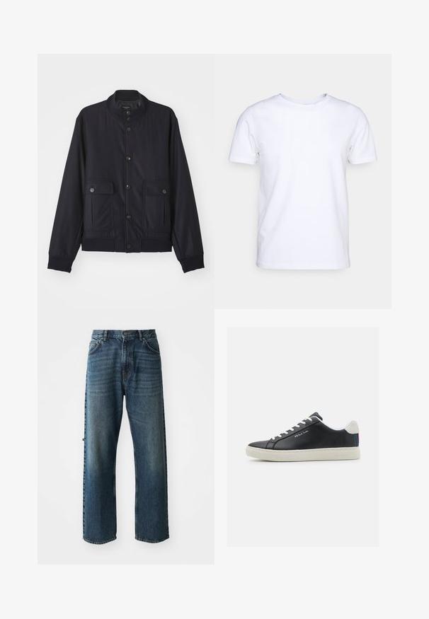 Veste bleu marine en matériau doux, dotée d'un col haut, d'une fermeture à boutons sur le devant, de deux poches poitrine et d'un ourlet et de poignets côtelés.; T-shirt blanc à manches courtes en tissu de coton avec un col rond. Design simple sans motifs ni accents. Texture lisse.; NN.07 OTIS - Jean droit - stonewashed; Baskets en cuir noir avec lacets blancs et semelle en caoutchouc. Présente un accent rayé bleu, rouge et vert au talon. Détails cousus inclus.