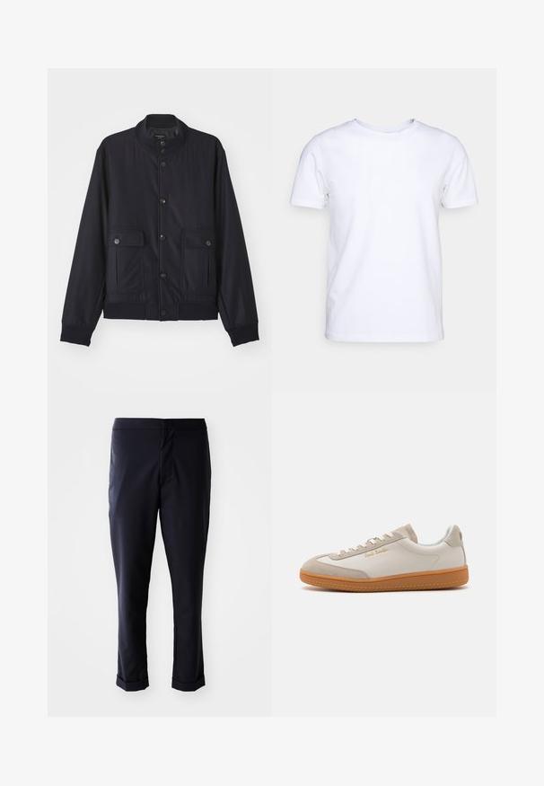 Marineblå jakke lavet af blødt materiale, med høj krave, frontlukning med knapper, to brystlommer og ribbede kanter og manchetter.; Hvid kortærmet t-shirt i bomuldsstof med rund halsudskæring. Enkel design uden mønstre eller detaljer. Glat tekstur.; Marinebukser med en glat stofkvalitet, lige snit, mellemhøj talje og opkrøllede beskeder. Ingen synlige lommer eller hardwaredetaljer.; Hvide og beige lavtoppede sneakers med gummisål, hvide snørebånd, detaljer i ruskind og guld "Paul Smith" logo på siden.
