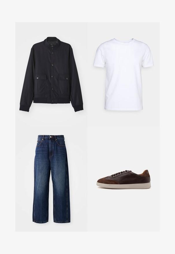 Marineblå jakke lavet af blødt materiale, med høj krave, frontlukning med knapper, to brystlommer og ribbede kanter og manchetter.; Hvid kortærmet t-shirt i bomuldsstof med rund halsudskæring. Enkel design uden mønstre eller detaljer. Glat tekstur.; Mørkeblå vide jeans lavet af denim. Har en klassisk talje med bæltestropper, forlommer og en lige silhuet.; Lavtop brune læder- og ruskindsneakers med mørkebrune snørebånd og en hvid gummisål set fra ydersiden.