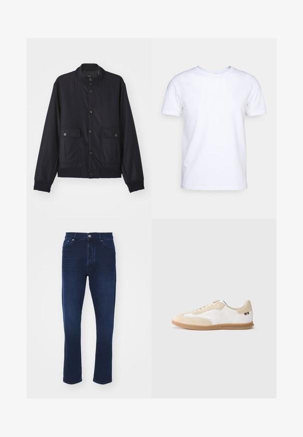 Navy blue jas van zacht materiaal, met een hoge kraag, voor een knoopsluiting, twee borstzakken en een geribde zoom en manchetten.; Witte katoenen t-shirt met korte mouwen en een ronde hals. Eenvoudig ontwerp zonder patronen of accenten. Glad textuur.; Donkerblauwe spijkerbroeken van denim met een middelhoge taille, recht gesneden pijpen, vijf zakken en een klassieke metalen knoopsluiting.; Witte sneaker met lichtbeige suède accenten, geperforeerde details, platte veters en een zool van gumrubber. Voorzien van gestreepte branding op de hiel.