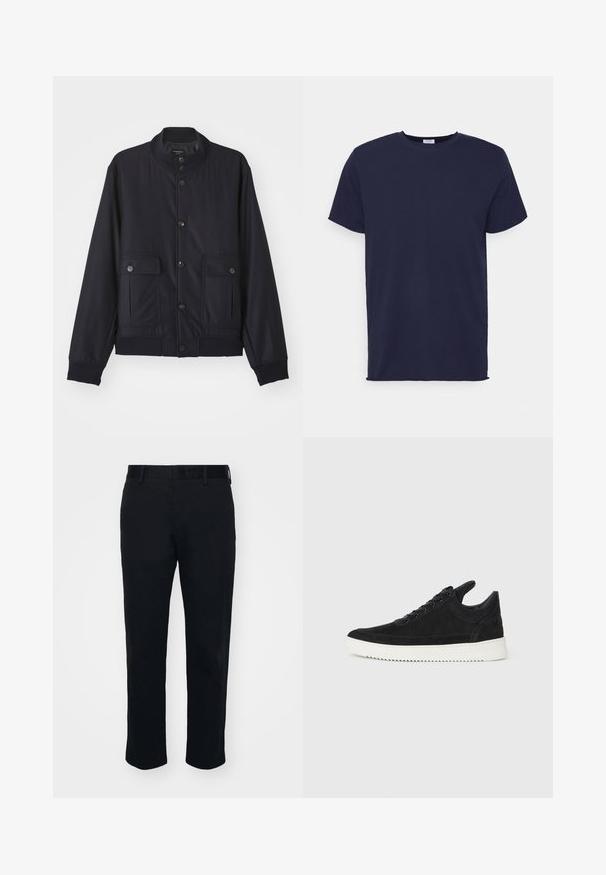 Chaqueta azul marino hecha de material suave, con un cuello alto, cierre frontal de botones, dos bolsillos en el pecho y dobladillos y puños acanalados.; Camiseta de manga corta azul marino hecha de tela suave. Presenta un cuello redondo y un corte recto sin patrones ni acentos.; Pantalones negros con un diseño de pierna recta, confeccionados en una tela suave. Cuentan con una cinturilla y trabillas para cinturón, sin bolsillos ni patrones visibles.; Zapatilla de ante negra con suela de goma blanca, que presenta costuras en el mismo tono y un diseño de cordones. Textura suave con una forma moderna y aerodinámica.