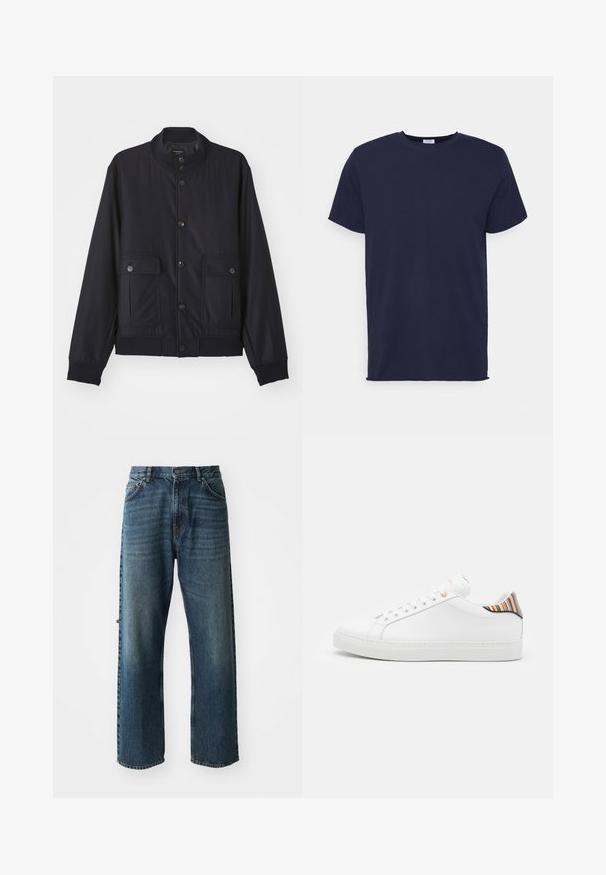 Veste bleu marine en matériau doux, dotée d'un col haut, d'une fermeture à boutons sur le devant, de deux poches poitrine et d'un ourlet et de poignets côtelés.; T-shirt bleu marine à manches courtes fabriqué en tissu doux. Présente un col rond et une coupe droite sans motifs ni accents.; NN.07 OTIS - Jean droit - stonewashed; Baskets en cuir blanc avec une finition lisse, présentant un accent rayé coloré au niveau du talon, des œillets dorés et une semelle blanche plate.