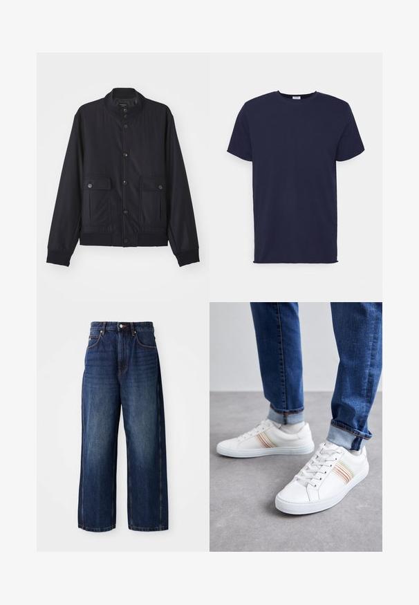 Chaqueta azul marino hecha de material suave, con un cuello alto, cierre frontal de botones, dos bolsillos en el pecho y dobladillos y puños acanalados.; Camiseta de manga corta azul marino hecha de tela suave. Presenta un cuello redondo y un corte recto sin patrones ni acentos.; Pantalones vaqueros de pierna ancha en azul oscuro, fabricados en denim. Presentan una cinturilla clásica con trabas para cinturón, bolsillos frontales y una silueta recta.; Zapatillas de cuero blancas con rayas multicolores, diseño de cordones, suela de goma y cuello acolchado, combinadas con jeans de mezclilla azul.