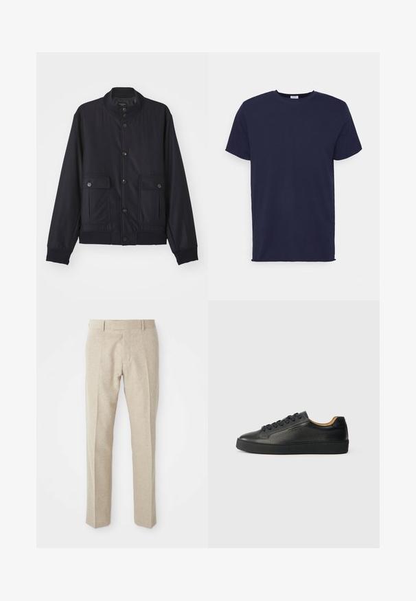 Navy blue jas van zacht materiaal, met een hoge kraag, voor een knoopsluiting, twee borstzakken en een geribde zoom en manchetten.; Navyblauwe T-shirt met korte mouwen van zachte stof. Heeft een ronde hals en een rechte snit zonder patronen of accenten.; Beige op maat gemaakte broeken van gestructureerde stof, met een vlakke voorkant, rechte pijpen en een traditionele tailleband met riemlussen.; Zwarte lage leren sneaker met gestructureerd oppervlak, zwarte veters en dikke rubberen zool, zijaanzicht op een lichte achtergrond.