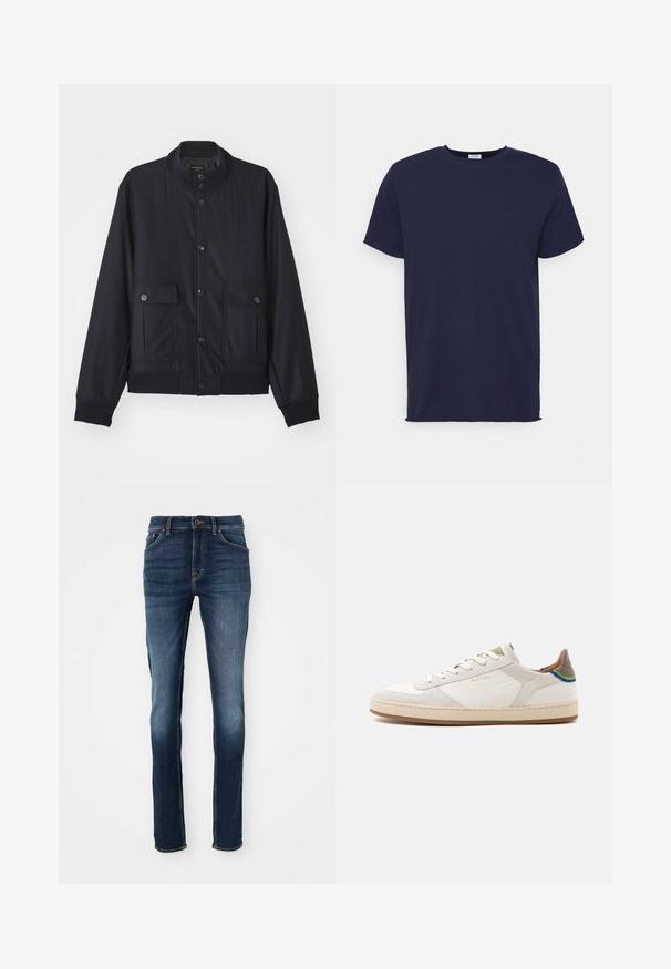 Veste bleu marine en matériau doux, dotée d'un col haut, d'une fermeture à boutons sur le devant, de deux poches poitrine et d'un ourlet et de poignets côtelés.; T-shirt bleu marine à manches courtes fabriqué en tissu doux. Présente un col rond et une coupe droite sans motifs ni accents.; Jean en denim bleu foncé à coupe slim, avec cinq poches, des coutures dorées et un devant légèrement délavé pour un look décontracté.; Baskets basses blanches avec semelle beige, lacets à l’avant, détail vert et bleu sur le talon, et discret logo doré "Paul Smith" sur le côté.