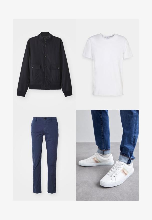 Marineblå jakke lavet af blødt materiale, med høj krave, frontlukning med knapper, to brystlommer og ribbede kanter og manchetter.; Hvid kortærmet t-shirt lavet af bomuld. Har en rund halsudskæring og en afslappet pasform uden synlige mønstre eller detaljer.; Mørkeblå bomulds chinos med lige bendesign, der har en enkelt knaplukning foran og sidelommer. Glat tekstur, klassisk pasform.; Hvide lædersneakers med multicolore striber, snørebåndsdesign, gummisål og polstret krave, parret med blå denimjeans.