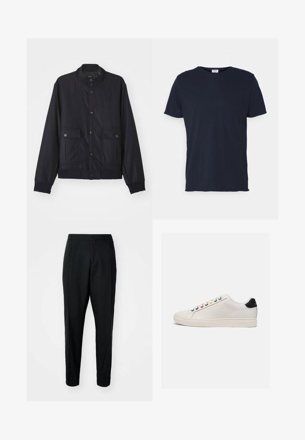 Veste bleu marine en matériau doux, dotée d'un col haut, d'une fermeture à boutons sur le devant, de deux poches poitrine et d'un ourlet et de poignets côtelés.; T-shirt en coton bleu marine avec un col rond et des manches courtes, présentant une texture lisse et un design simple, sans motifs ni accents visibles.; Pantalons noirs fuselés en tissu lisse, avec taille élastique et poignets. Présente des plis à l'avant pour un aspect ajusté.; Sneaker en cuir blanc avec un bout légèrement arrondi, semelle plate, œillets multicolores, languette noire au talon et logo en relief sur le côté.
