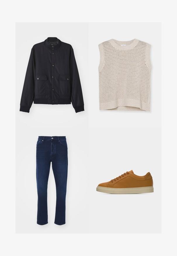 Veste bleu marine en matériau doux, dotée d'un col haut, d'une fermeture à boutons sur le devant, de deux poches poitrine et d'un ourlet et de poignets côtelés.; Débardeur en tricot sans manches de couleur beige clair avec un motif en maille ouverte, col rond et ourlet côtelé. Texture douce ; design décontracté adapté aux superpositions.; Jean en denim bleu foncé avec une taille mi-haute, un design à jambe droite, une finition à cinq poches et une fermeture classique à bouton métallique.; Baskets basses en cuir marron clair avec lacets assortis et semelle en caoutchouc blanc cassé sur un fond gris clair uni.