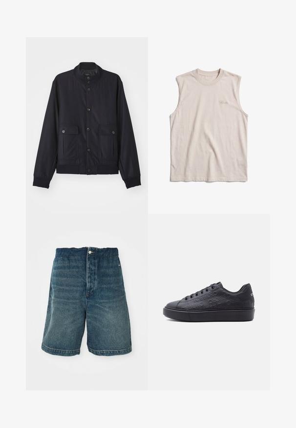 Chaqueta azul marino hecha de material suave, con un cuello alto, cierre frontal de botones, dos bolsillos en el pecho y dobladillos y puños acanalados.; Camiseta sin mangas de algodón beige con cuello redondo y pequeño logo cursivo en el pecho izquierdo, colocada plana sobre fondo blanco.; Pantalones cortos de mezclilla en azul oscuro con un ajuste holgado, que cuentan con un cierre de botón y costuras visibles a lo largo del dobladillo y los bolsillos.; Zapatilla baja negra con suela gruesa, patrón de logo en relieve "ICEBERG" y texto blanco "ICEBERG" en la lengüeta del talón, vista de lado.
