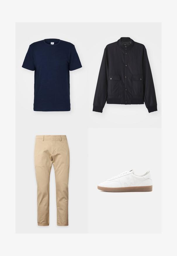 Veste bleu marine en matériau doux, dotée d'un col haut, d'une fermeture à boutons sur le devant, de deux poches poitrine et d'un ourlet et de poignets côtelés.; T-shirt bleu marine à manches courtes avec un col rond, fabriqué en tissu doux, présentant une texture lisse et un design simple sans motifs.; Pantalon beige à jambes droites avec passants pour ceinture, fermeture éclair devant et ourlets retroussés sur un fond uni clair.; Baskets basses blanches avec semelle en caoutchouc gomme, superpositions cousues et fermeture à lacets sur fond neutre.