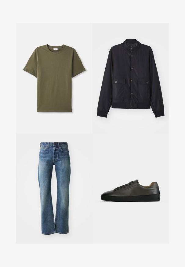 Marineblaue Jacke aus weichem Material, mit hohem Kragen, vorderem Knopfverschluss, zwei Brusttaschen sowie geripptem Saum und Ärmeln.; Ein schlichtes, olivgrünes T-Shirt mit kurzen Ärmeln und Rundhalsausschnitt, flach auf einem weißen Hintergrund ausgelegt.; Jeans aus Denim in einem hellen bis mittleren Blauton, mit geradem Schnitt, klassischem Fünf-Taschen-Design und subtiler Ausbleichung auf der Vorderseite.; Niedriger dunkelgrauer Ledersneaker mit schwarzen Schnürsenkeln und Sohle, minimalistisches Design, Seitenprofil vor einem schlichten hellen Hintergrund.