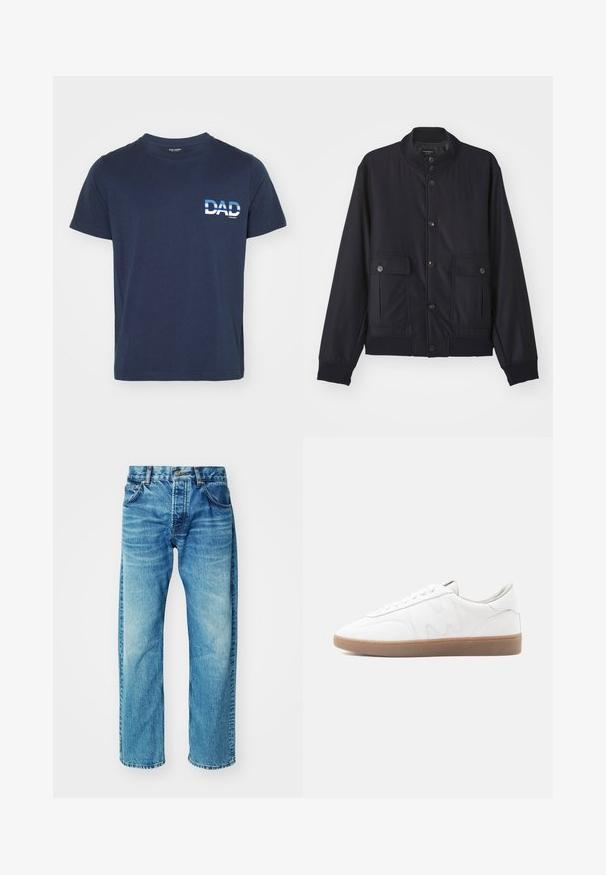 Chaqueta azul marino hecha de material suave, con un cuello alto, cierre frontal de botones, dos bolsillos en el pecho y dobladillos y puños acanalados.; Camiseta de algodón azul marino de mangas cortas. Presenta un texto gráfico en blanco "PAPÁ" en el lado izquierdo, en una fuente negrita. Diseño simple y casual.; Jeans de mezclilla azul con un ajuste relajado, que cuentan con cinco bolsillos, cierre de botón y un ligero desvanecimiento con un dobladillo ligeramente deshilachado.; Zapatilla blanca de corte bajo con suela de goma color caramelo, superposiciones cosidas y cierre de cordones sobre fondo neutro.