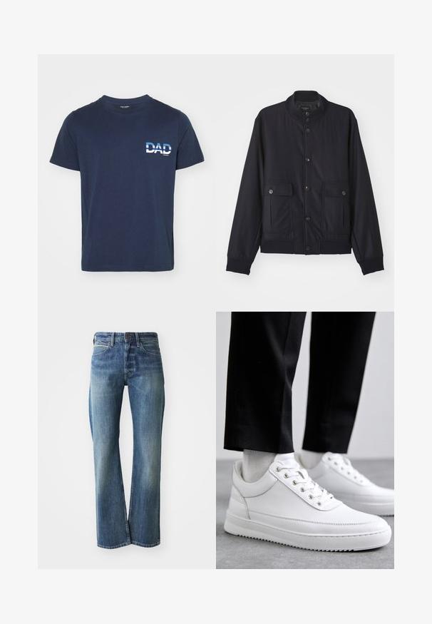 Marineblå jakke lavet af blødt materiale, med høj krave, frontlukning med knapper, to brystlommer og ribbede kanter og manchetter.; Mørkeblå bomulds T-shirt med korte ærmer. Har en hvid grafisk tekst "DAD" på venstre side, i fed skrift. Enkel og afslappet design.; Denim jeans med en lys til mellemblå farve, lige ben skæring, klassisk fem-lommer design og subtil falmning foran.; Hvide lædersneakers med en flad gummisål, der har en glat overflade, rund tå og metaløjer til snørebånd. Bæret med sorte bukser.