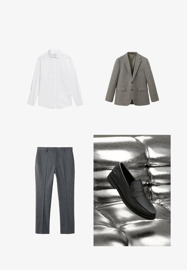 Blazer gris simple boutonnage avec revers à encoche, deux poches avant à rabat, une poche poitrine et deux boutons sur le devant.; Chemise blanche à boutons en tissu lisse, avec un col classique, des manches longues et un ourlet droit sans motifs ni accents.; Pantalon en laine grise avec une coupe droite, deux plis devant, taille avec une fermeture par un bouton unique, et poches latérales.; Mocassins en cuir noir à texture lisse, avec des détails de couture et un design classique, présentés sur un fond métallique et brillant.
