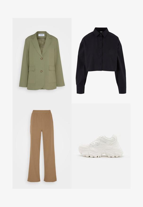Envii Blazer - deep lichen green; Camisa negra recortada de botones, hecha de algodón, con mangas largas, un cuello clásico y un dobladillo recto.; Noisy May NMKIRBY STRING PANTS - Pantalones - capers; Zapatillas deportivas blancas y gruesas con un upper texturizado, paneles de malla y suelas de goma gruesas con un patrón de relieve prominente. Incluyen cordones y una lengüeta.
