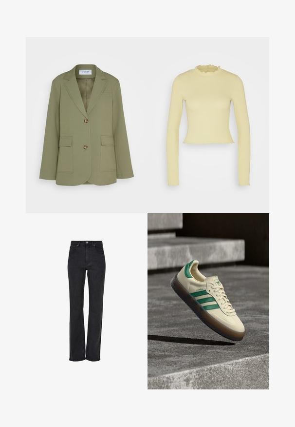 Envii Blazer - deep lichen green; Even&Odd Langærmet T-shirt - green; Sorte straight-leg jeans, højtaljede, lavet af denim, med en frontlukning med knap og fem-lomme design med subtile syninger.; Sneaker i cremefarve med grønne accenter, tre grønne striber, tekstureret gummisål og klassisk snøredesign. "Samba"-logo på siden.