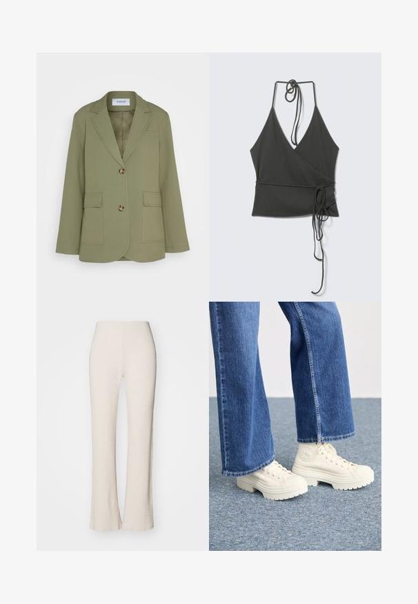 Envii Blazer - deep lichen green; Dunkelgraues ärmelloses Wickel-Halter-Top mit dünnen Trägern, die am Hals und in der Taille gebunden sind, Stoffbänder hängen auf hellem Hintergrund herunter.; Cremfarbene Rippstrickhosen mit einem ausgestellten Bein-Design, versehen mit einem hohen Taillenbund und glatter Textur. Der Stoff wirkt dehnbar und weich.; Weiße High-Top-Sneaker mit dicken, geriffelten Sohlen und kreisförmigem Logodetail, getragen mit hellblauen, weit geschnittenen Jeans.