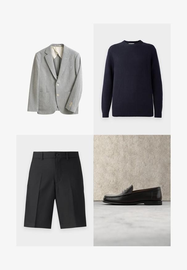 Lichtgrijze en witte slim-fit blazer met fijne verticale strepen, twee voorzakken, notch-revers, twee knopen en vierknops manchetDETAILS.; Marineblauwe gebreide trui met een ronde halslijn, geribbelde manchetten en zoom. Heeft een gestructureerd patroon door de stof heen.; Zwarte op maat gemaakte shorts van lichtgewicht stof, met een rechte snit, enkele plooien en een frontsluiting met knoop.; Zwarte leren penny loafer met lage hak, afgeronde neus en gestikte details langs de voorkant en zijkanten, afgebeeld op een neutrale achtergrond.