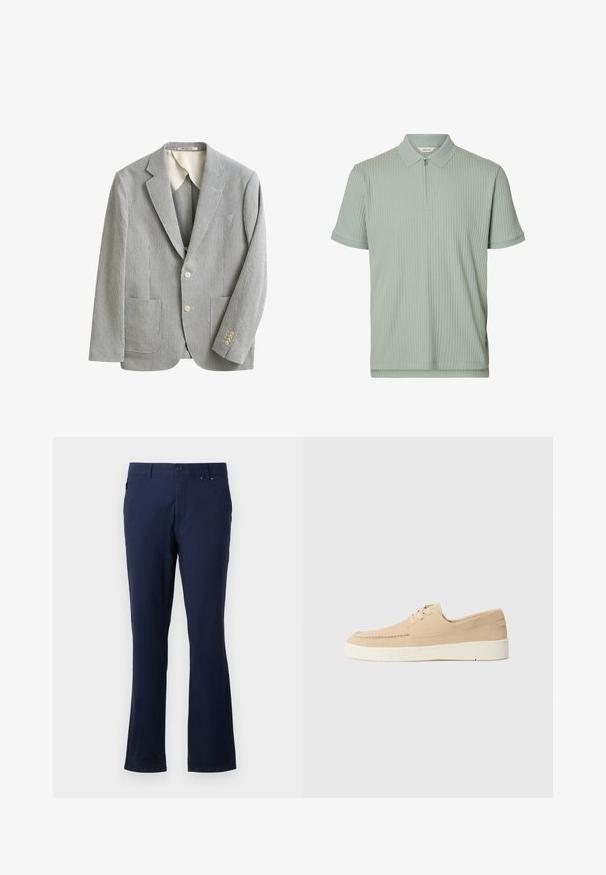 Blazer ajustado en gris claro y blanco con finas rayas verticales, dos bolsillos delanteros, solapas con muesca, dos botones y detalle de puño con cuatro botones.; Polo de manga corta verde claro con textura de canalé vertical y una cremallera frontal de medio cierre bajo el cuello.; Pantalones azul marino confeccionados con tejido ligero, con un diseño de pierna recta, bolsillos frontales y cierre de botón en la cintura.; Zapatos de ante beige con cordones y suela de goma blanca. Presentan un diseño de costura y un corte bajo, ofreciendo un estilo simple y minimalista.