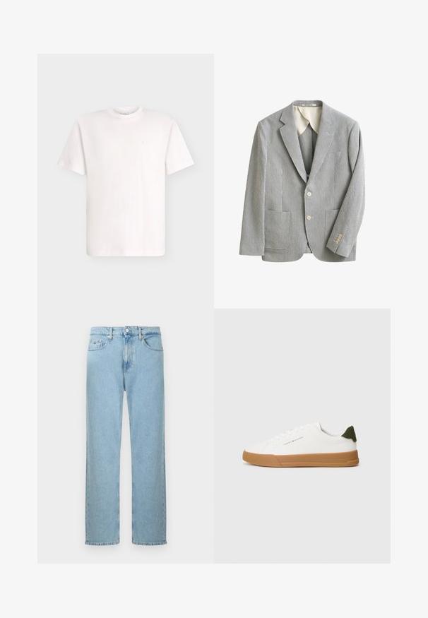 Blazer slim gris clair et blanc à fines rayures verticales, deux poches avant, revers crantés, deux boutons et finition manches à quatre boutons.; T-shirt blanc uni à manches courtes avec col rond, avec un petit logo embossé sur le côté gauche de la poitrine, présenté sur un fond clair.; Jeans bleu clair à coupe droite en denim. Caractérisés par une ceinture standard, des poches avant et une légère texture délavée.; Sneaker blanc basse avec semelle en caoutchouc marron, onglet de talon vert et logo "Tommy Hilfiger" sur le côté.