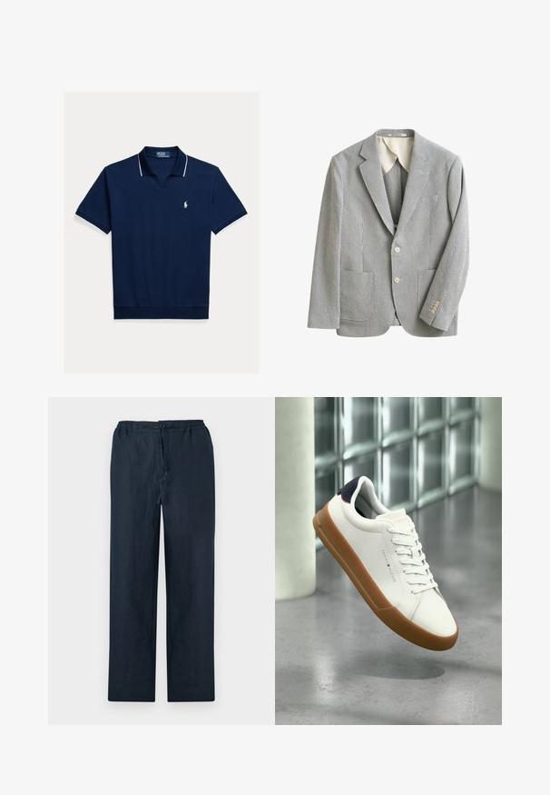 Ανοιχτό γκρι και λευκό σακάκι slim fit με λεπτές κάθετες ρίγες, δύο μπροστινές τσέπες, γιακά με νύχι, δύο κουμπιά και λεπτομέρειες μανσέτες με τέσσερα κουμπιά.; Μπλε ναυτικό πόλο πουκάμισο από βαμβάκι, με V λαιμόκοψη, κοντά μανίκια, λευκή επένδυση στο γιακά και στα μανίκια, με μικρό λογότυπο στο στήθος.; Σκούρο μπλε παντελόνι με ίσια γραμμή, ελαστική μέση, κλείσιμο με κουμπί και εμπρόσθιο φερμουάρ σε απλό ανοιχτό φόντο.; Λευκό αθλητικό παπούτσι χαμηλού προφίλ με καφέ σόλα και μαύρη λωρίδα στη φτέρνα, να αιωρείται πάνω από γκρι πάτωμα σε μοντέρνο εσωτερικό χώρο.