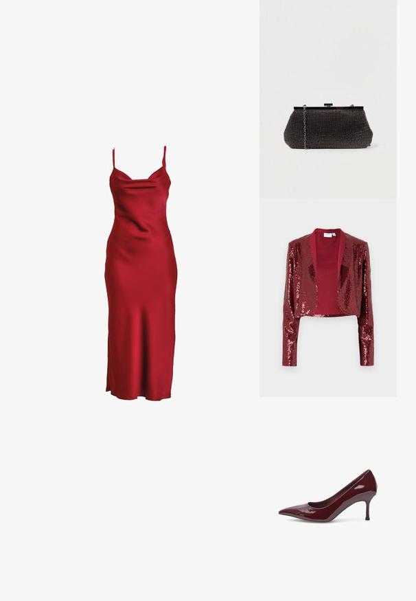 Chaqueta corta burdeos cubierta de lentejuelas, con un cuello de chal y mangas largas. Forro interior suave sin cierres.; Vestido de satén rojo con tirantes delgados, escote drapeado y una silueta ajustada que cae hasta un dobladillo de longitud media hasta la pantorrilla. Textura suave.; Woden WODEN - Tacones - cherry; Bolso de mano negro de malla con una silueta estructurada, adornado con pequeños tachuelas metálicas, que cuenta con un cierre de broche y una correa de cadena desmontable.