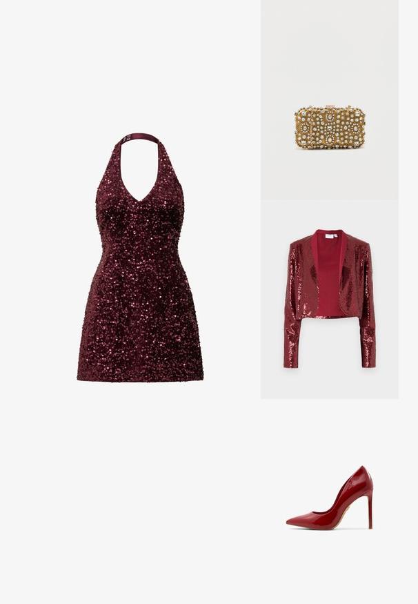 Veste courte bordeaux recouverte de sequins, dotée d'un col châle et de manches longues. Doublure intérieure lisse sans fermetures.; Robe bourgogne à col halter, couverte de sequins, avec un décolleté en V plongeant et une silhouette courte et ajustée. Texture lisse avec des accents réfléchissants.; Escarpin en cuir verni rouge à talon aiguille, avec un bout pointu, une surface lisse et un talon élancé, doté d'une semelle beige.; Pochette en or avec des ornements en perles et cristaux complexes. Forme rectangulaire, fermeture à fermoir et une chaîne amovible.