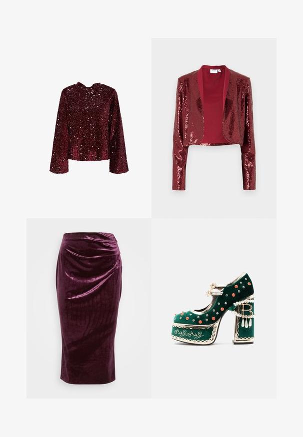 Veste courte bordeaux recouverte de sequins, dotée d'un col châle et de manches longues. Doublure intérieure lisse sans fermetures.; Top en sequins bourgogne avec des manches longues, un col rond et un détail en nœud en satin à l'arrière. Texture brillante avec des sequins sur toute la surface.; Jupe crayon en velours bordeaux avec un design drapé et une texture lisse ; elle présente une taille haute et une silhouette fuselée, se terminant au niveau du genou.; Chaussure à plateforme en velours vert avec des clous décoratifs rouges et argentés, des brides en perles, une bordure dorée, une broderie et un talon bloc avec des perles pendantes et un charme "B".
