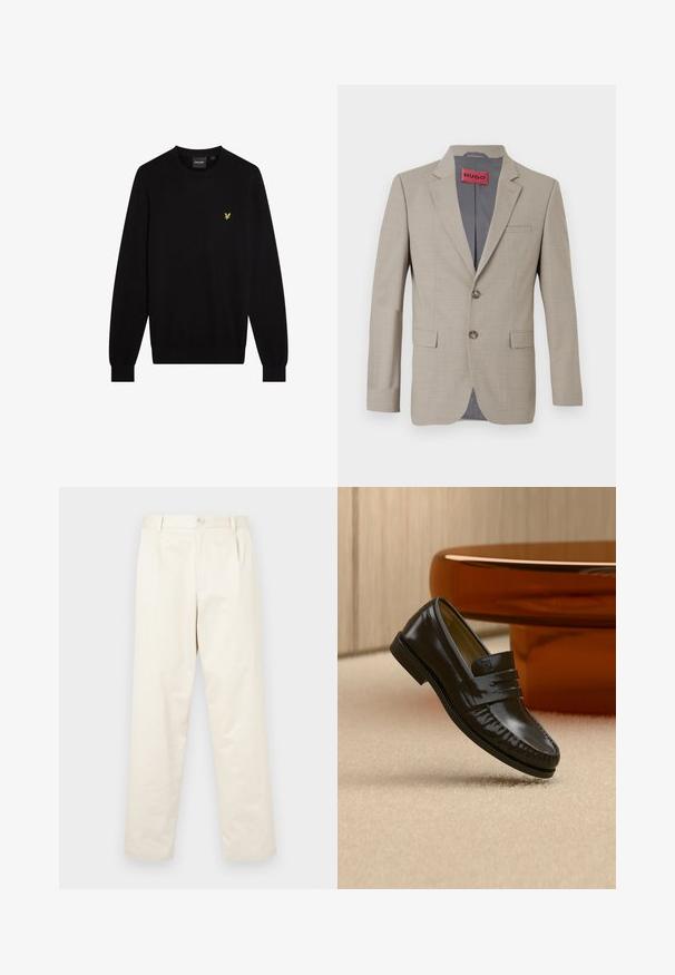 Beige Blazer mit zwei Knöpfen, mit Reverskragen und einer einzelnen Brusttasche. Mit grauem Stoff gefüttert. Subtile gewebte Struktur.; Schwarzer Pullover aus weichem Stoff mit Rundhalsausschnitt und langen Ärmeln. Kleines gelbes gesticktes Logo auf der linken Brust.; Helle beige Baumwoll-Chinos mit geradem Bein, ausgestattet mit einem Knopfverschluss und zwei seitlichen Taschen. Glatte Textur ohne sichtbare Muster.; Glänzender schwarzer Leder-Loafer mit einem Riemendetail, auf einem beigen Teppich neben einem runden braunen Couchtisch in einem sanft beleuchteten Raum platziert.