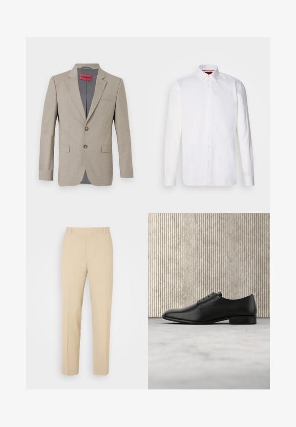 Blazer beige à deux boutons, avec des revers crantés et une poche poitrine unique. Doublé en tissu gris. Texture tissée subtile.; Chemise blanche à manches longues en coton, avec un col classique, une patte de boutonnage à l'avant et une texture lisse. Détail rouge à l'intérieur du col.; Pantalons beige ajustés avec une coupe droite, fabriqués en tissu léger, dotés de deux poches avant et de plis bien repassés.; Chaussure habillée en cuir noir au design épuré, à bout arrondi, avec cinq œillets pour les lacets et un petit talon rehaussé. Détail du logo embossé subtil.