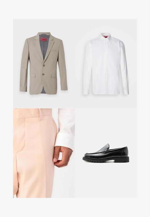 Beige blazer med to knapper, spidse lapels og en enkelt brystlomme. Foret med gråt stof. Subtil vævet tekstur.; Hvid langærmet skjorte lavet af bomuld, med en klassisk krave, frontplacket med knapper og en glat tekstur. Rød detalje på den indre krave.; Lys pink skræddersyede bukser med en glat tekstur, der har en sidelomme og bæltestrop, parret med en hvid skjortemanchet.; Sort læderloafer med chunky gummisål, syet overdel og præget mærkenavn på hælen, vist i sideprofil på hvid baggrund.