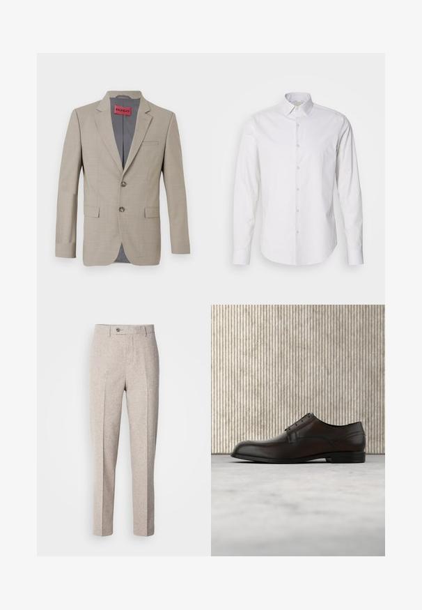 Blazer beige à deux boutons, avec des revers crantés et une poche poitrine unique. Doublé en tissu gris. Texture tissée subtile.; Chemise blanche à manches longues avec un col pointu, fermeture à boutons à l'avant, en tissu lisse. Présente une texture légèrement rayée.; Pantalons en laine beige clair avec une texture lisse, coupe droite, plis sur le devant et fermeture à un bouton à la taille.; Chaussure habillée en cuir marron avec un bout arrondi, des coutures minimales et une finition lisse. Elle présente un faible talon et un design de laçage simple.