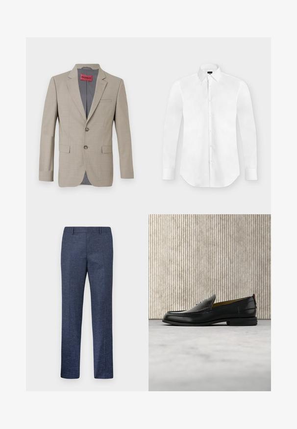 Beige Blazer mit zwei Knöpfen, mit Reverskragen und einer einzelnen Brusttasche. Mit grauem Stoff gefüttert. Subtile gewebte Struktur.; Weißes, langärmliges Hemd mit Knöpfen und spitzem Kragen, flach auf einem hellgrauen Hintergrund liegend.; Herren gerade geschnittene marineblaue Anzughose mit Gürtelschlaufen, Bügelfalte vorne und einem dezenten strukturierten Stoffmuster.; Schwarzer Herren-Slipper aus Leder mit einer krokogeprägten Vorderkappe und einem niedrigen Absatz, im Profil vor neutralem Hintergrund gezeigt.