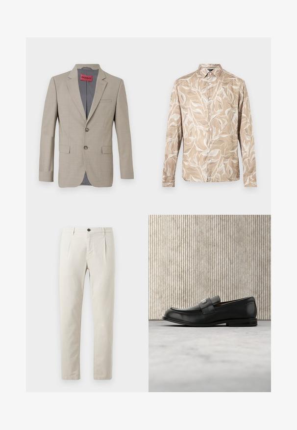 Beige blazer med to knapper, spidse lapels og en enkelt brystlomme. Foret med gråt stof. Subtil vævet tekstur.; Beige langærmet skjorte med knapper foran, hvidt bladformet vinmønster og spids krave.; Beige bomuldsbukser med lige ben, der har en enkelt sort knaplukning og to forlommer. Glat tekstur.; Sort læderloafer med metalbrandskilt hvilende nær et brunt rundt bord på beige tæppe.