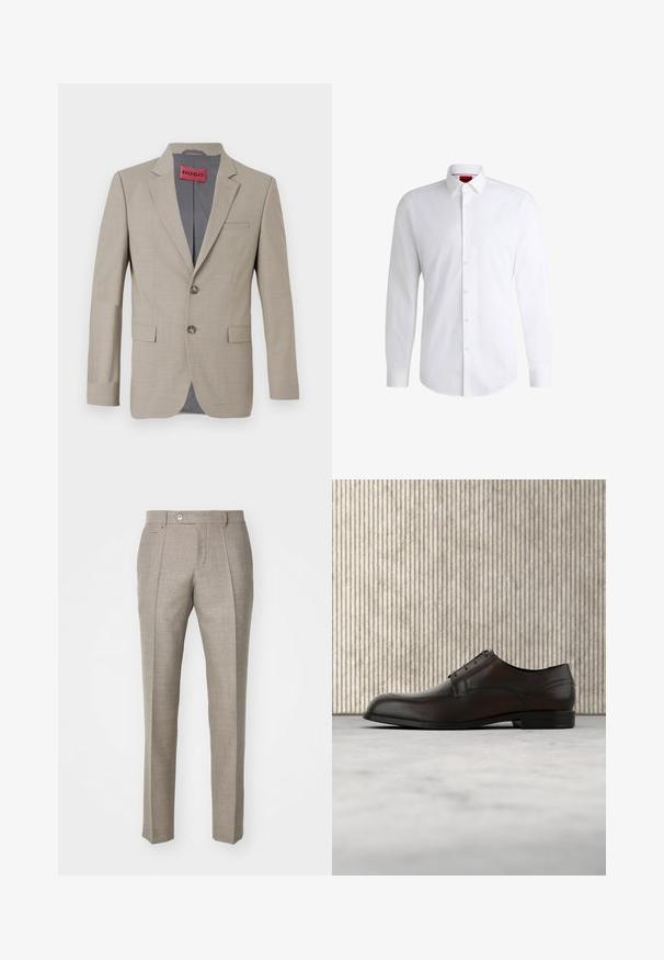 Beige Blazer mit zwei Knöpfen, mit Reverskragen und einer einzelnen Brusttasche. Mit grauem Stoff gefüttert. Subtile gewebte Struktur.; Weißes Herrenhemd aus glattem Stoff mit klassischem Kragen, langen Ärmeln und abgerundetem Saum. Mit eleganten beigen Knöpfen an der Vorderseite.; Beige maßgeschneiderte Hose mit strukturiertem Finish, ausgestattet mit einem Knopfverschluss und zwei Seitentaschen. Strukturierter Entwurf mit geradem Bein-Silhouette.; Braune Leder-Dressschuhe mit runder Spitze, minimaler Naht und glattem Finish. Verfügt über einen niedrigen Absatz und ein einfaches Schnürdesign.
