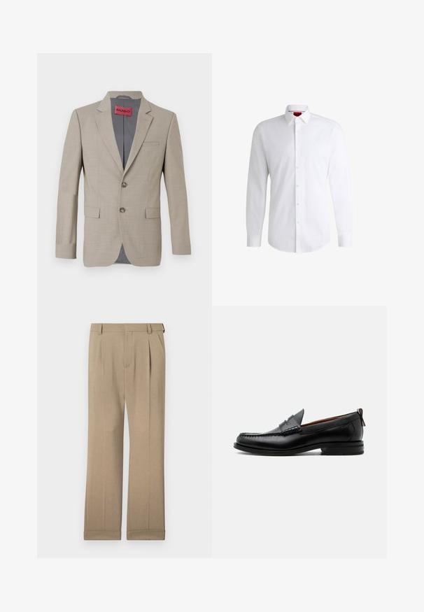 Blazer beige con dos botones, solapas de muesca y un solo bolsillo en el pecho. Forrado con tela gris. Sutil textura tejida.; Camisa blanca de botones, confeccionada en tela suave, con collar clásico, mangas largas y dobladillo curvado. Presenta botones beige en la parte delantera.; Pantalones beiges de tela liviana, con un diseño de pierna recta, doble pinzas y dobladillos enrollados para un ajuste relajado.; Mocasín de hombre de piel negra con costura moc toe, tira penny, cuello texturizado y tacón bajo apilado sobre fondo blanco.